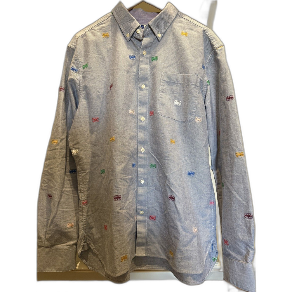 Boden Men's L Embroidered Union Jack Oxford Shirt Regular Fit Blue/Gray